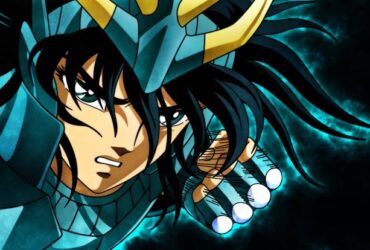 Shiryu de Dragão em Cavaleiros do Zodíaco, com armadura azul brilhante e olhar determinado.