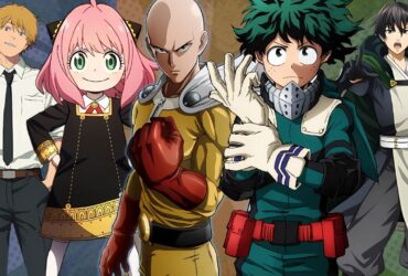 Montagem com personagens de animes populares como Chainsaw Man, Spy x Family, One Punch Man, Boku no Hero Academia e Tate no Yuusha, representando os destaques da temporada de outono 2025.