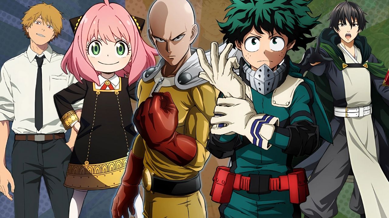 Montagem com personagens de animes populares como Chainsaw Man, Spy x Family, One Punch Man, Boku no Hero Academia e Tate no Yuusha, representando os destaques da temporada de outono 2025.