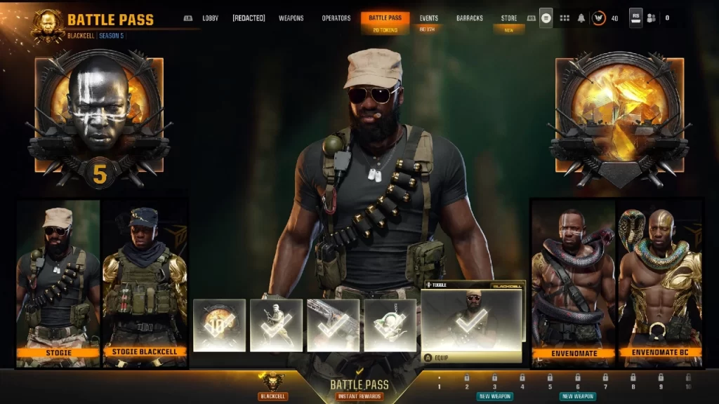 Tela do Passe de Batalha da Temporada 5 de Call of Duty Black Ops 6 e Warzone, mostrando o operador Stogie e recompensas do BlackCell.