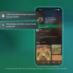 Tela de um smartphone exibindo o assistente Gaming Copilot da Microsoft respondendo a um comando de voz para instalar o jogo Age of Empires IV: Anniversary Edition. A tela mostra o jogo sendo instalado e uma sugestão do Copilot para recapitular o progresso anterior do jogador.
