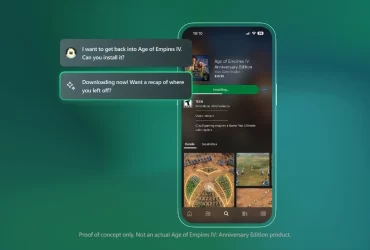 Tela de um smartphone exibindo o assistente Gaming Copilot da Microsoft respondendo a um comando de voz para instalar o jogo Age of Empires IV: Anniversary Edition. A tela mostra o jogo sendo instalado e uma sugestão do Copilot para recapitular o progresso anterior do jogador.