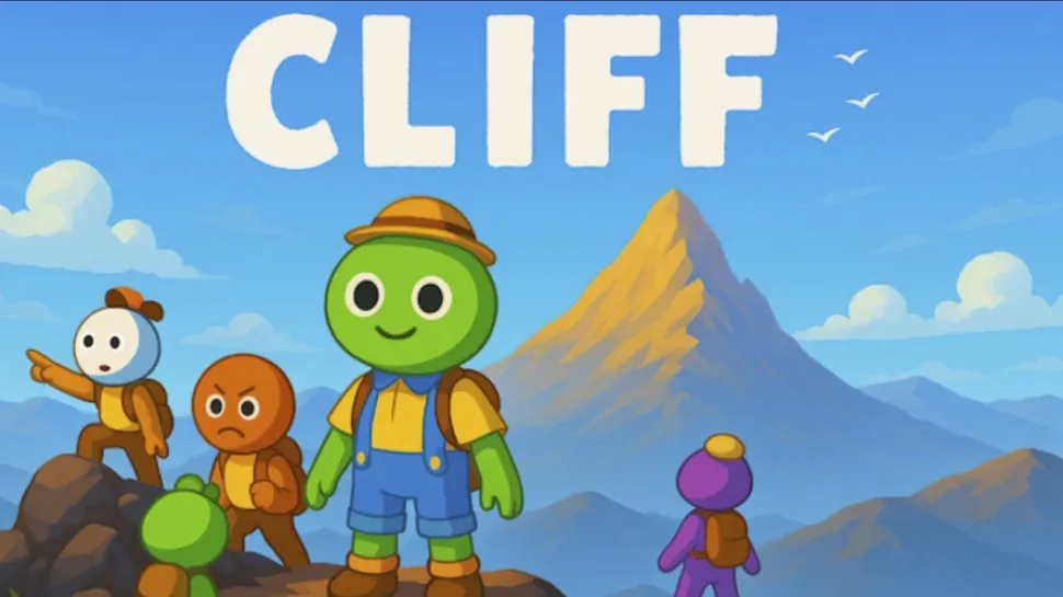 Imagem promocional do jogo Cliff no Roblox, mostrando personagens coloridos com mochilas diante de uma grande montanha ao fundo.