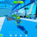 Cena de gameplay de Cliff no Roblox, com personagem principal em uma área de hub interna com portões de acesso e elementos interativos na interface.