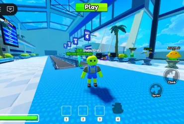 Cena de gameplay de Cliff no Roblox, com personagem principal em uma área de hub interna com portões de acesso e elementos interativos na interface.