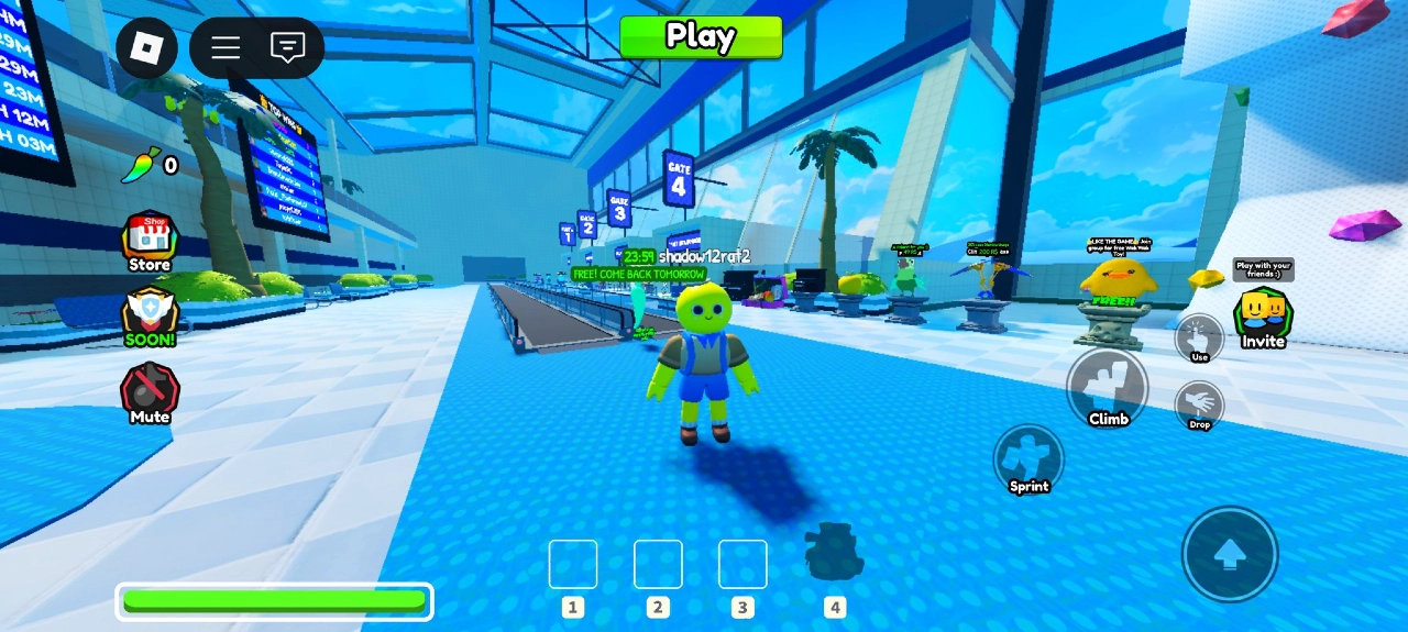 Cena de gameplay de Cliff no Roblox, com personagem principal em uma área de hub interna com portões de acesso e elementos interativos na interface.