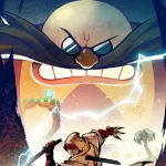 Arte promocional de SHINOBI: Art of Vengeance mostrando o vilão Dr. Eggman com expressão ameaçadora ao fundo, enquanto um ninja mascarado empunha sua espada em primeiro plano.
