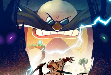 Arte promocional de SHINOBI: Art of Vengeance mostrando o vilão Dr. Eggman com expressão ameaçadora ao fundo, enquanto um ninja mascarado empunha sua espada em primeiro plano.