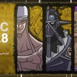 Arte promocional do DLC Nº 8 “Seleção Especial” de One Piece: Pirate Warriors 4, mostrando os personagens Eneru, King e Z lado a lado, com fundo dourado texturizado e estilo de ilustração inspirado no anime.