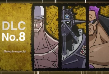 Arte promocional do DLC Nº 8 “Seleção Especial” de One Piece: Pirate Warriors 4, mostrando os personagens Eneru, King e Z lado a lado, com fundo dourado texturizado e estilo de ilustração inspirado no anime.