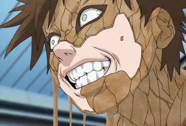 Gaara de Naruto com a armadura de areia cobrindo seu corpo e expressão intensa.