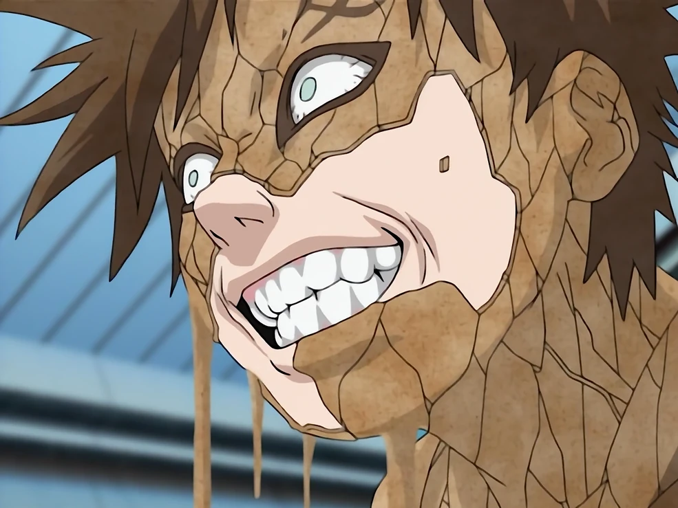 Gaara de Naruto com a armadura de areia cobrindo seu corpo e expressão intensa.
