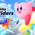 Arte oficial de Kirby Air Riders para Nintendo Switch 2. A ilustração mostra Kirby sorridente em uma máquina amarela voadora, seguido por Bandana Waddle Dee e Meta Knight em uma corrida futurista com efeitos de velocidade.