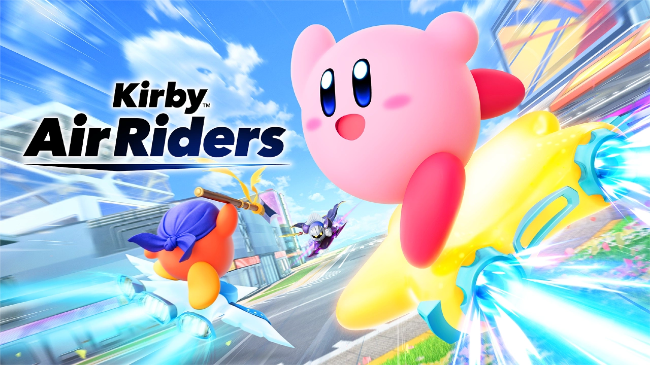 Arte oficial de Kirby Air Riders para Nintendo Switch 2. A ilustração mostra Kirby sorridente em uma máquina amarela voadora, seguido por Bandana Waddle Dee e Meta Knight em uma corrida futurista com efeitos de velocidade.