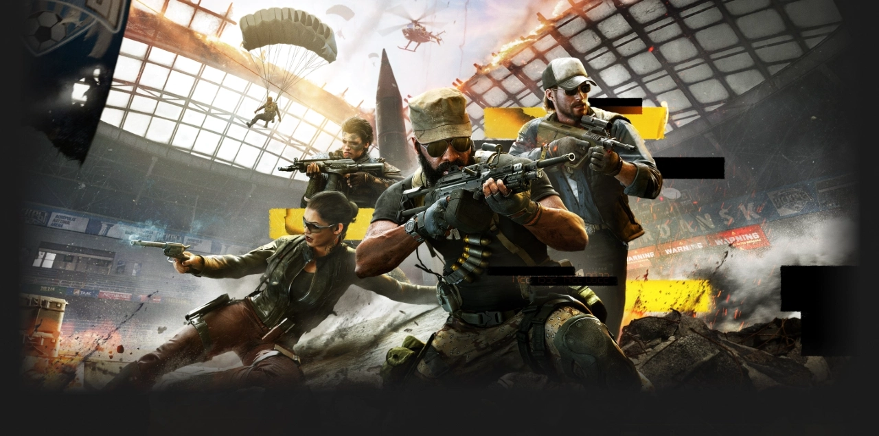 Operadores armados em combate no Estádio de Verdansk durante a Temporada 5 de Call of Duty Black Ops 6 e Warzone