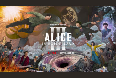 Pôster oficial da 3ª temporada de Alice in Borderland mostrando Arisu, Usagi e outros personagens diante do misterioso Joker, divulgado pela Netflix.
