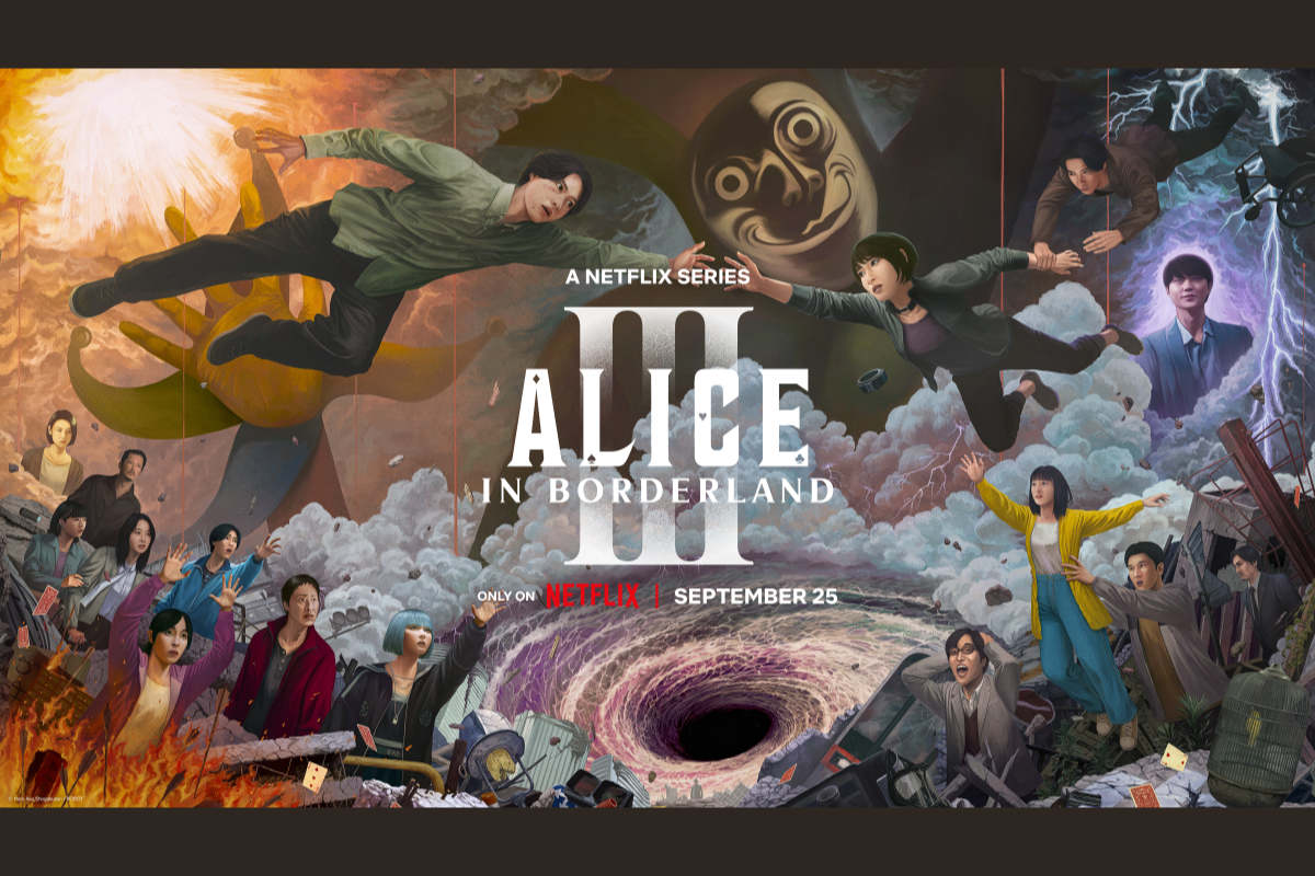 Pôster oficial da 3ª temporada de Alice in Borderland mostrando Arisu, Usagi e outros personagens diante do misterioso Joker, divulgado pela Netflix.