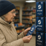 Idosa em uma loja escolhendo gift cards da Steam — imagem gerada por IA para ilustrar artigo sobre fraude digital.