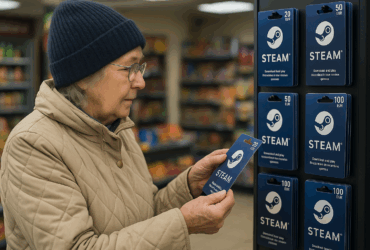 Idosa em uma loja escolhendo gift cards da Steam — imagem gerada por IA para ilustrar artigo sobre fraude digital.