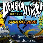 Arte promocional de Denshattack mostrando personagem estilizado e trem amarelo em manobra radical, com previsão de lançamento para primavera de 2026 no PC, PS5, Xbox Series X|S e Xbox Cloud.