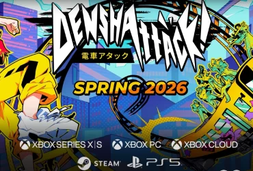 Arte promocional de Denshattack mostrando personagem estilizado e trem amarelo em manobra radical, com previsão de lançamento para primavera de 2026 no PC, PS5, Xbox Series X|S e Xbox Cloud.