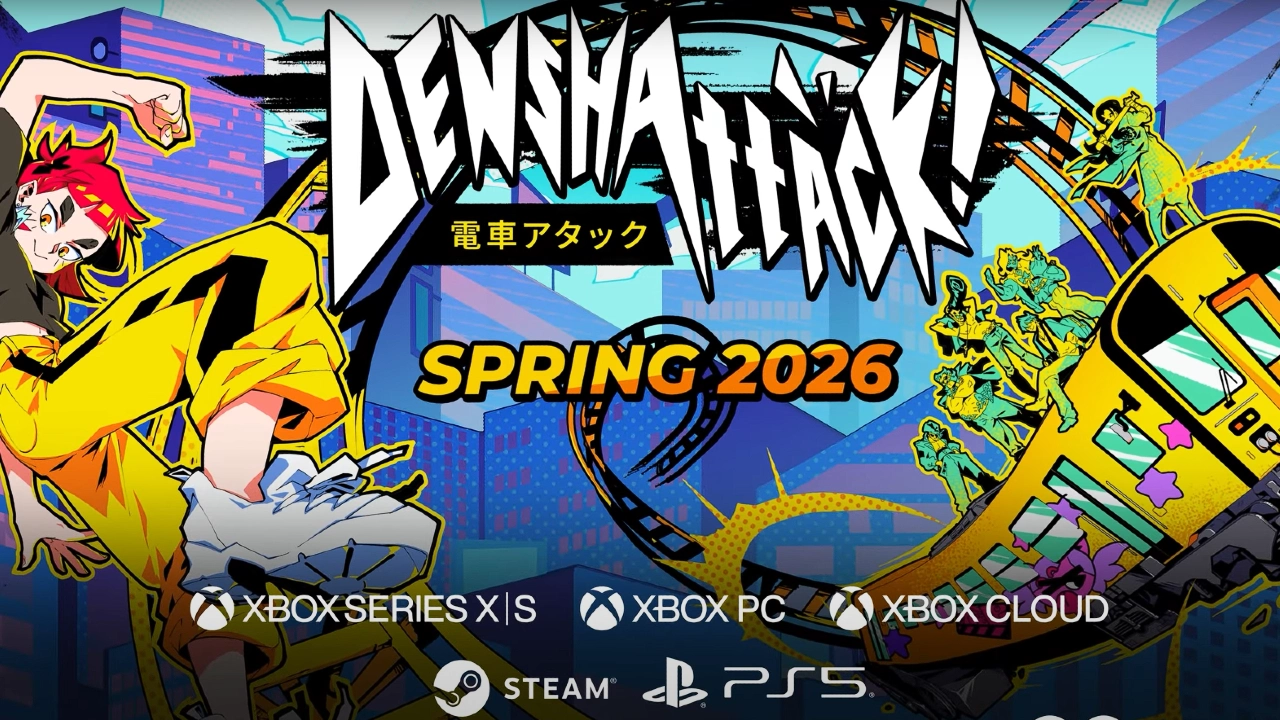Arte promocional de Denshattack mostrando personagem estilizado e trem amarelo em manobra radical, com previsão de lançamento para primavera de 2026 no PC, PS5, Xbox Series X|S e Xbox Cloud.