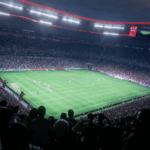 Vista interna de um estádio lotado em EA Sports FC 26, mostrando uma partida de futebol com milhares de torcedores nas arquibancadas e iluminação noturna intensa.