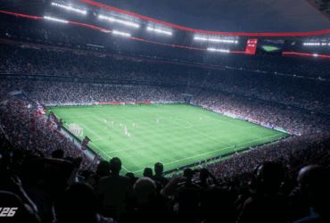 Vista interna de um estádio lotado em EA Sports FC 26, mostrando uma partida de futebol com milhares de torcedores nas arquibancadas e iluminação noturna intensa.
