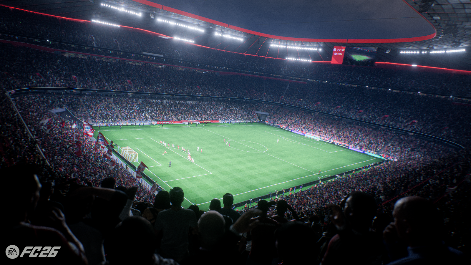 Vista interna de um estádio lotado em EA Sports FC 26, mostrando uma partida de futebol com milhares de torcedores nas arquibancadas e iluminação noturna intensa.
