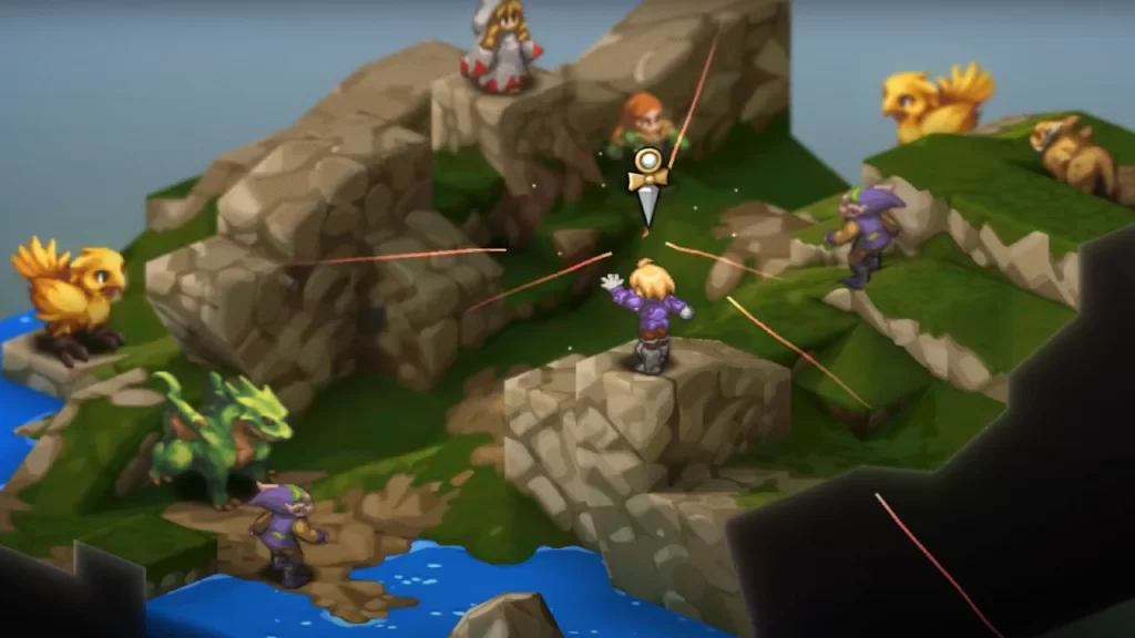 Cena de combate tático de Final Fantasy Tactics: The Ivalice Chronicles, com personagens posicionados em um terreno rochoso e unidades adversárias em destaque.