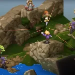 Cena de combate tático de Final Fantasy Tactics: The Ivalice Chronicles, com personagens posicionados em um terreno rochoso e unidades adversárias em destaque.