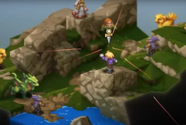 Cena de combate tático de Final Fantasy Tactics: The Ivalice Chronicles, com personagens posicionados em um terreno rochoso e unidades adversárias em destaque.