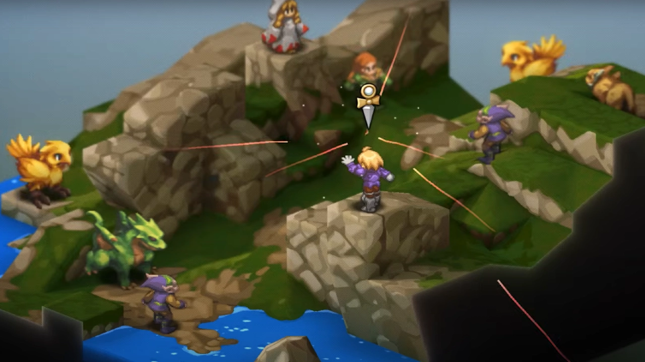 Cena de combate tático de Final Fantasy Tactics: The Ivalice Chronicles, com personagens posicionados em um terreno rochoso e unidades adversárias em destaque.