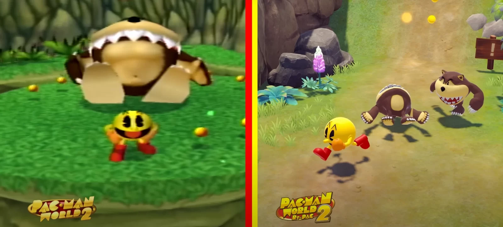 Comparação entre a versão original de PAC-MAN WORLD 2, com gráficos simples em 3D, e a versão remake Re-PAC, com visuais modernos e detalhados, mostrando PAC-MAN enfrentando um inimigo macaco em ambas as versões.