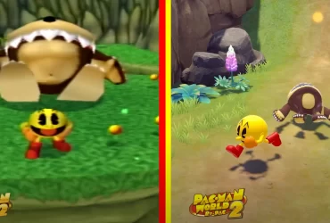 Comparação entre a versão original de PAC-MAN WORLD 2, com gráficos simples em 3D, e a versão remake Re-PAC, com visuais modernos e detalhados, mostrando PAC-MAN enfrentando um inimigo macaco em ambas as versões.