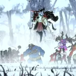 Shinobi flutua enquanto ninjas e monstros duelam numa floresta nevada; traço de anime e energia verde brilhando à direita.