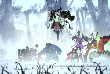 Shinobi flutua enquanto ninjas e monstros duelam numa floresta nevada; traço de anime e energia verde brilhando à direita.