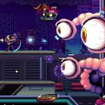 Cena de gameplay de Alien Strike: Blasting Intruders mostra três personagens armados enfrentando um chefe gigante com olhos enormes e tentáculos em um cenário urbano pixelado à noite.