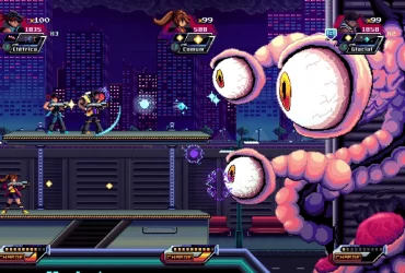 Cena de gameplay de Alien Strike: Blasting Intruders mostra três personagens armados enfrentando um chefe gigante com olhos enormes e tentáculos em um cenário urbano pixelado à noite.