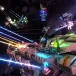 Cena espacial em Avorion mostrando várias naves futuristas disparando feixes de energia coloridos durante uma intensa batalha no espaço