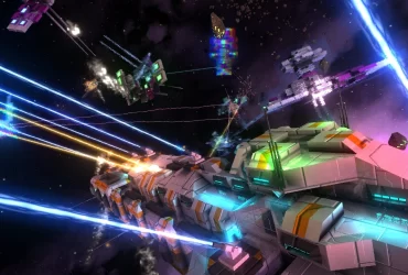 Cena espacial em Avorion mostrando várias naves futuristas disparando feixes de energia coloridos durante uma intensa batalha no espaço