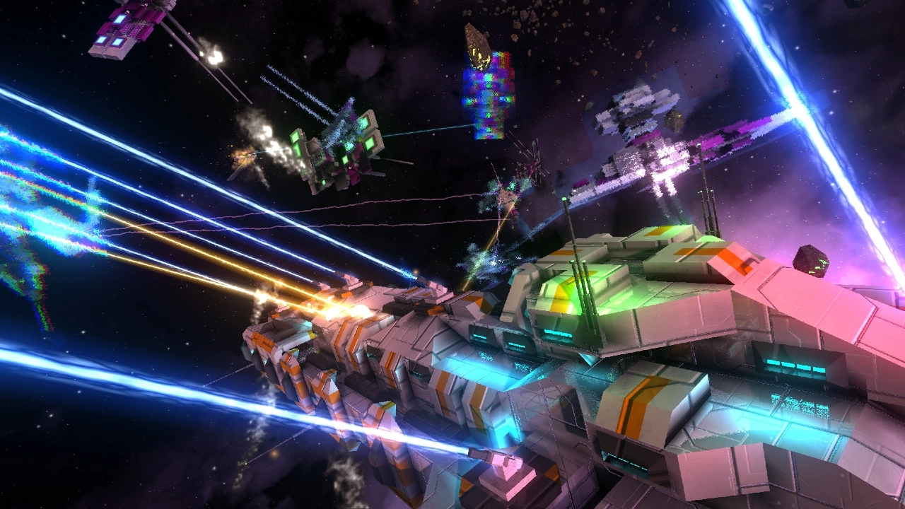 Cena espacial em Avorion mostrando várias naves futuristas disparando feixes de energia coloridos durante uma intensa batalha no espaço