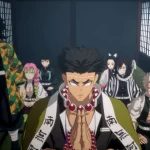 Cena em 3D mostrando os Hashiras reunidos em Demon Slayer -Kimetsu no Yaiba- The Hinokami Chronicles 2, com personagens em postura séria dentro de uma sala iluminada.