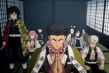 Cena em 3D mostrando os Hashiras reunidos em Demon Slayer -Kimetsu no Yaiba- The Hinokami Chronicles 2, com personagens em postura séria dentro de uma sala iluminada.