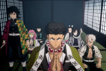 Grupo dos Hashiras reunidos em uma sala tradicional japonesa no anime Demon Slayer: Kimetsu no Yaiba
