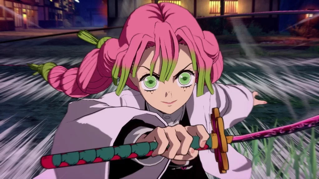 Hashira do Amor em Demon Slayer -Kimetsu no Yaiba- The Hinokami Chronicles 2, com expressão determinada e espada empunhada em ataque veloz.