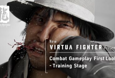 Lutador de chapéu é atingido no rosto durante cena de combate do novo projeto Virtua Fighter, com detalhes realistas de impacto e partículas voando