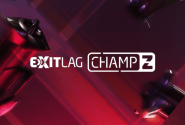 Logo do campeonato ExitLag ChampZ 2, com design em tons de vermelho e preto e elementos tridimensionais que lembram peças mecânicas, sobre fundo com efeitos de luz diagonais.