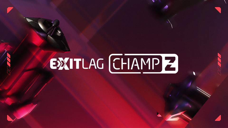 Logo do campeonato ExitLag ChampZ 2, com design em tons de vermelho e preto e elementos tridimensionais que lembram peças mecânicas, sobre fundo com efeitos de luz diagonais.
