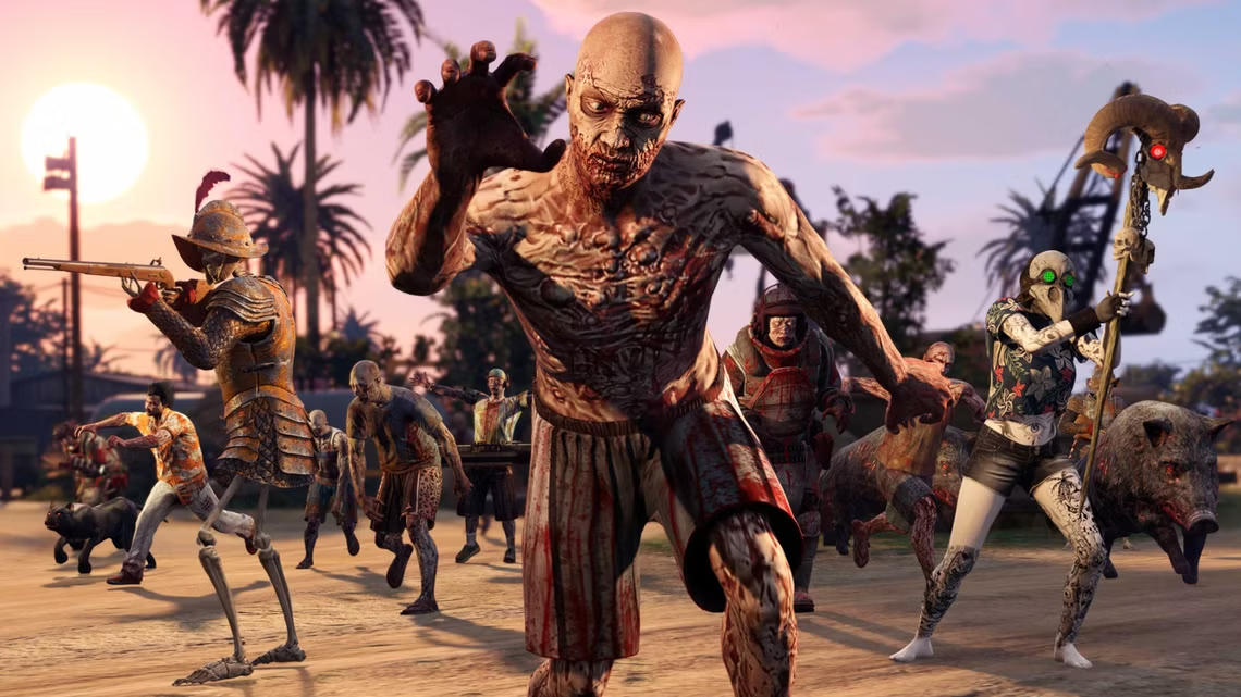 Jogadores enfrentam hordas de zumbis em Cayo Perico no novo modo de sobrevivência de GTA Online.